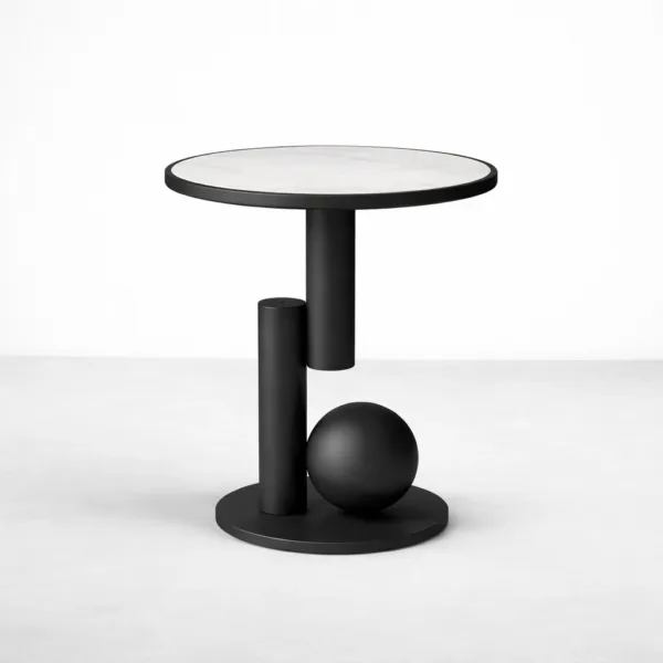 Orbit Sphere teakwood side table by INTERIORZE with round top and sculptural sphere base