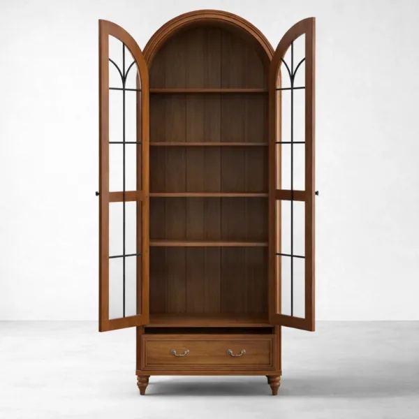 Arched Teak Wood Showcase Cabinet with Drawer