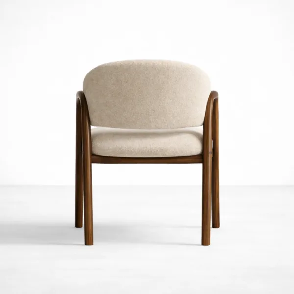 Back view of cream bouclé upholstered arm chair with teakwood frame