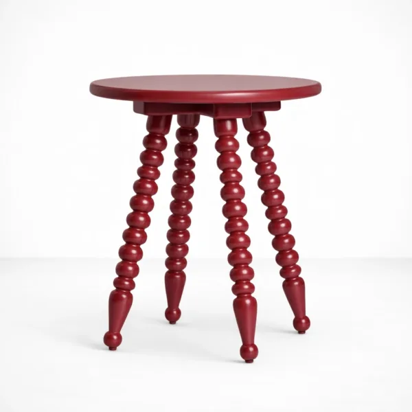 Handcrafted round teakwood side table with turned legs in ruby red finish by INTERIORZE