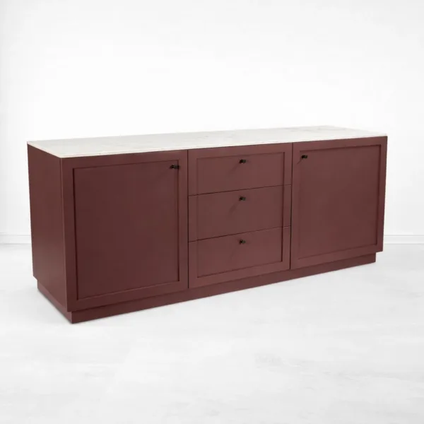INTERIORZE Carmine Marble Top Teak Wood Sideboard angled view in deep deco paint finish