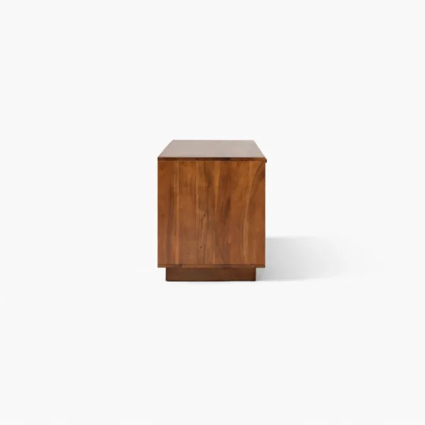 Side view of the Woven Cane teak wood media console by INTERIORZE