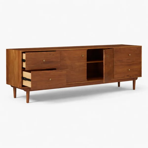 Open view of the Horizon Panel teak wood media console showing drawers and center cabinet storage