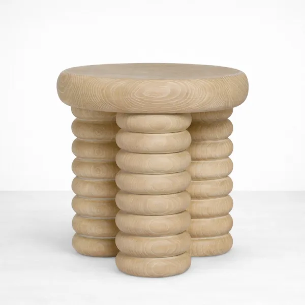Stacked Ring ash wood side table by INTERIORZE with round top and sculptural stacked ring legs
