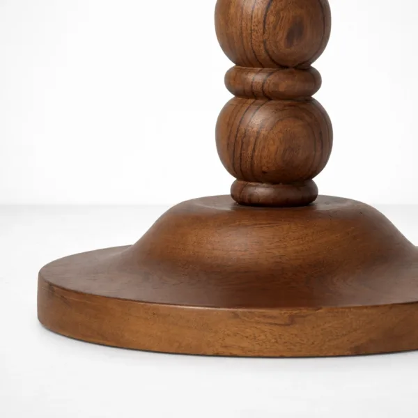 Beaded Spindle teak wood side table by INTERIORZE with round top and turned pedestal base