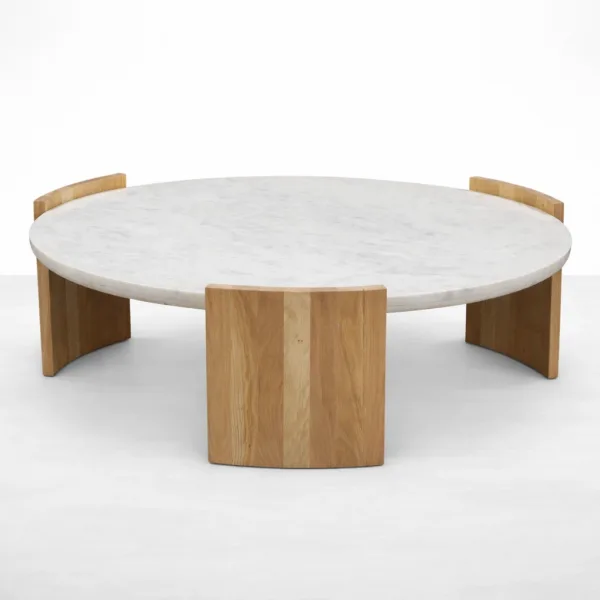 INTERIORZE round marble center table with teakwood sculptural base in white and natural finish