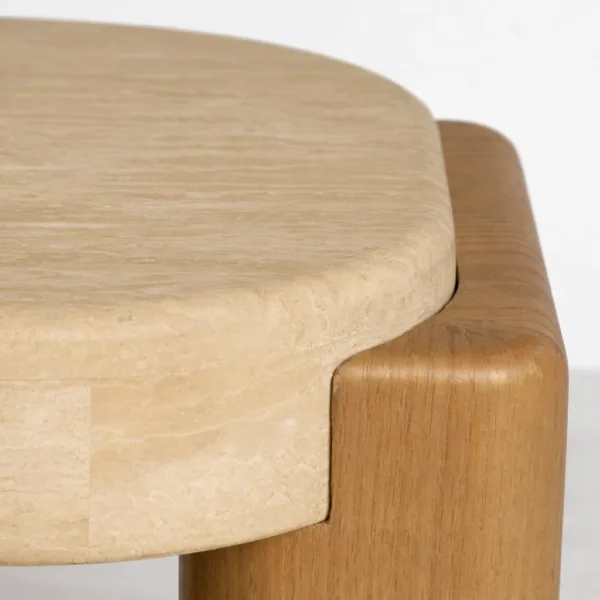 Stone Bridge ash wood side table by INTERIORZE with light stone top and sculptural dual-panel base