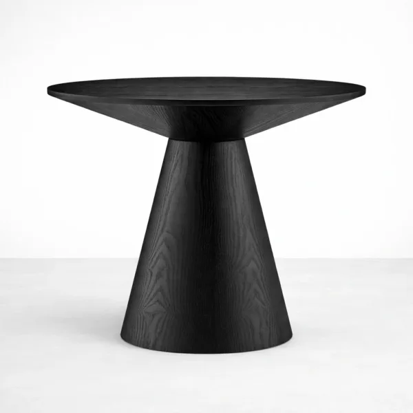 Handcrafted black teakwood side table with round top and cone pedestal base by INTERIORZE