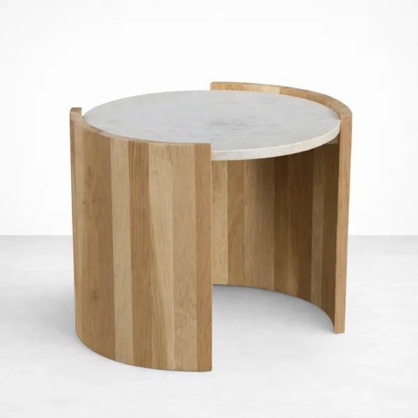 Handcrafted teakwood side table with round marble top by INTERIORZE