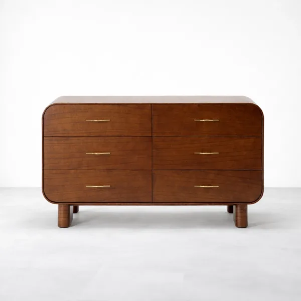 Rounded Corner Teak Wood 6 Drawer Dresser