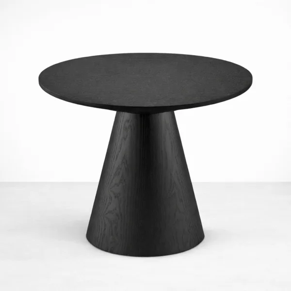 Handcrafted black teakwood side table with round top and cone pedestal base by INTERIORZE