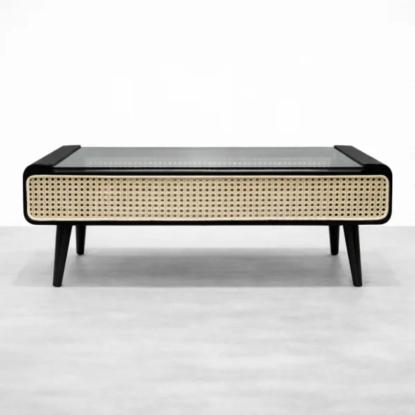 Teak wood cane glass top centre table by INTERIORZE with natural cane panel and tapered legs