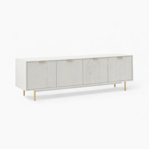 Pearl Fluted teak wood media console by INTERIORZE with four fluted doors and brushed gold accents