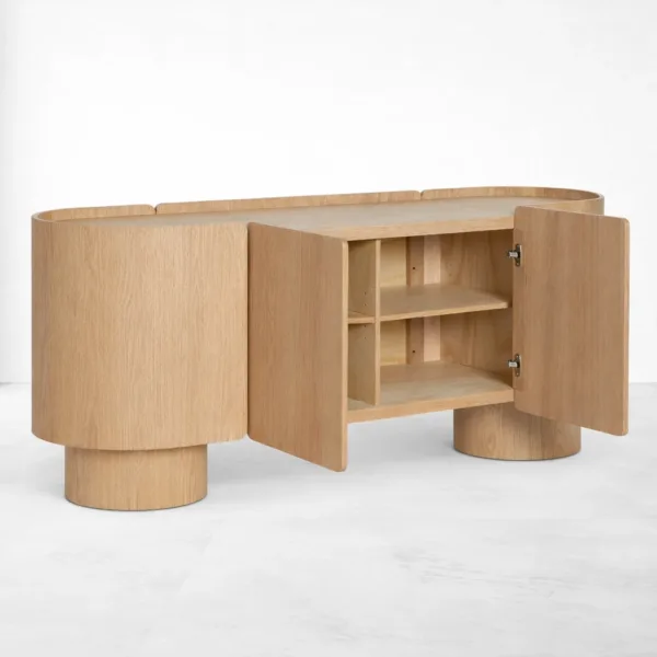 INTERIORZE Aurelle Curve Ash Wood Sideboard open door storage view with concealed compartments