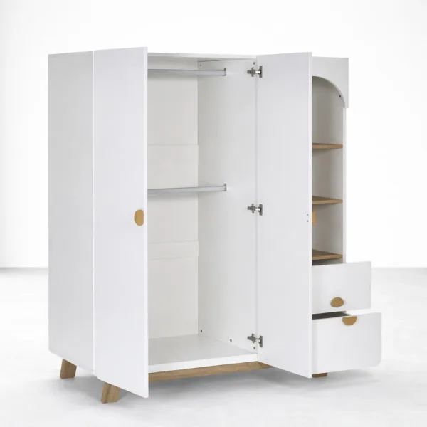 INTERIORZE Arlo White Teak Wood Wardrobe with Open Shelf