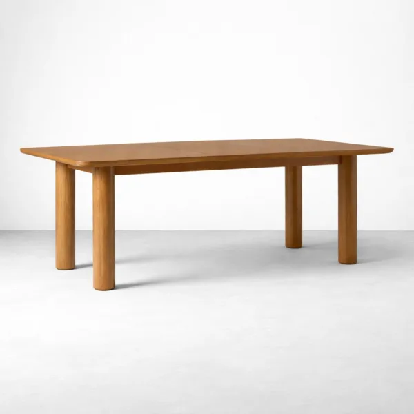 Angled view of INTERIORZE Tavero solid teakwood extendable dining table