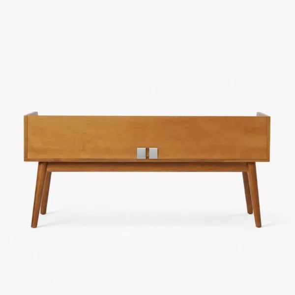 Back view of the Linear Tray teak wood TV console with cable access opening by INTERIORZE