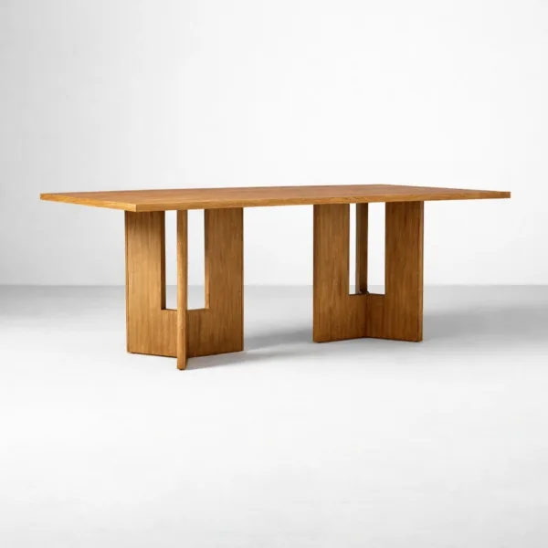 Front view of INTERIORZE Varello solid teakwood pedestal dining table