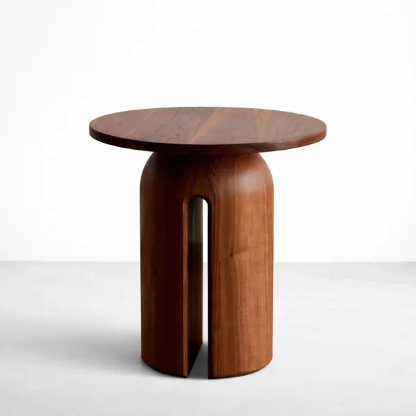 Handcrafted round teakwood side table in walnut finish by INTERIORZE