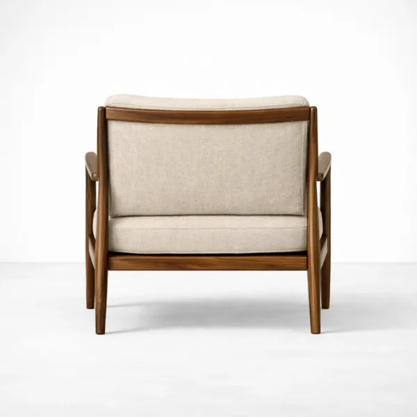 Back view of solid teakwood frame arm chair with beige upholstery