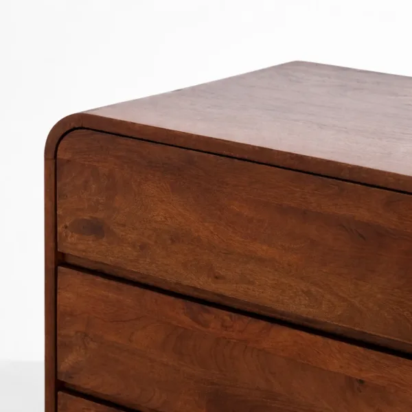 Angled view showing the rounded body and warm teak wood finish