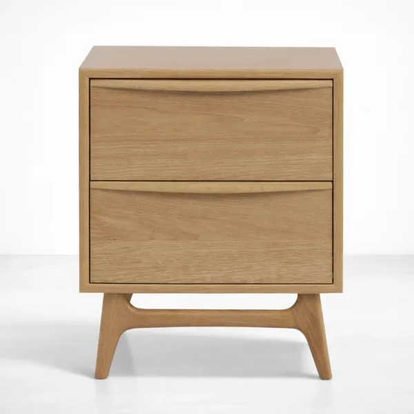 INTERIORZE Orwen ash wood bedside table with two drawers and curved drawer front in natural finish