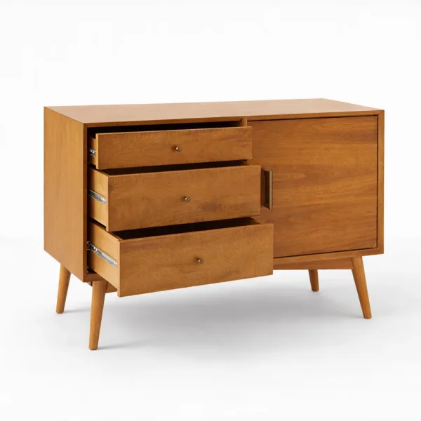 Open view of the Studio Drawer teak wood media console showing drawers and cabinet storage by INTERIORZE