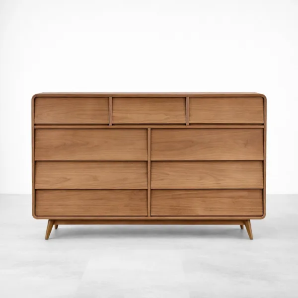 front view of teak wood chest of drawers with 9 drawers