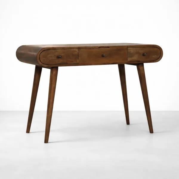 Rounded teak wood study table with 3 drawers and tapered legs