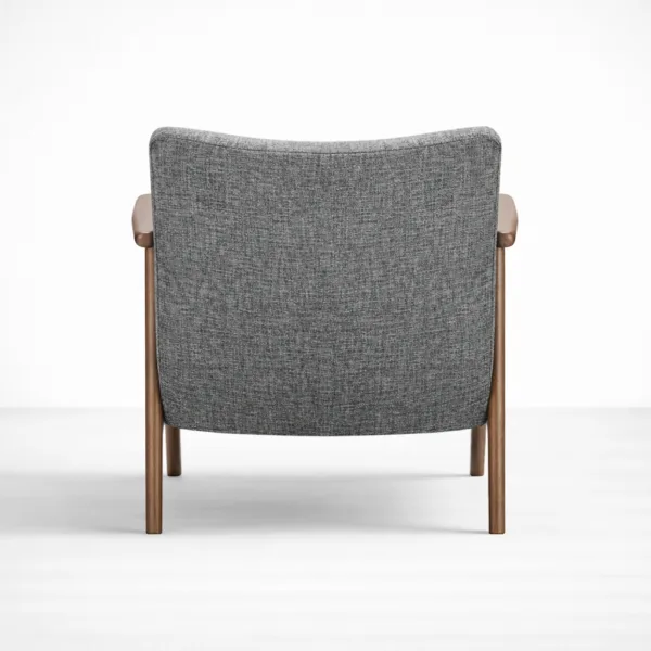 Back view of teakwood lounge arm chair with grey fabric upholstery and walnut finish