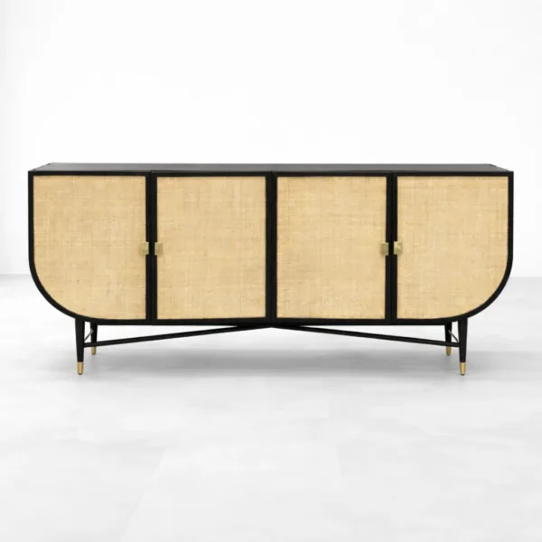 NTERIORZE Curve Cane Black Teak Wood Sideboard with natural cane doors