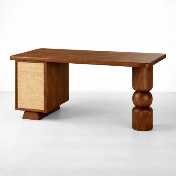 Teak wood study table with cane panel and sculptural leg