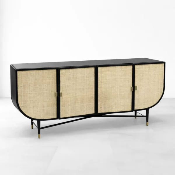 NTERIORZE Curve Cane Black Teak Wood Sideboard with natural cane doors