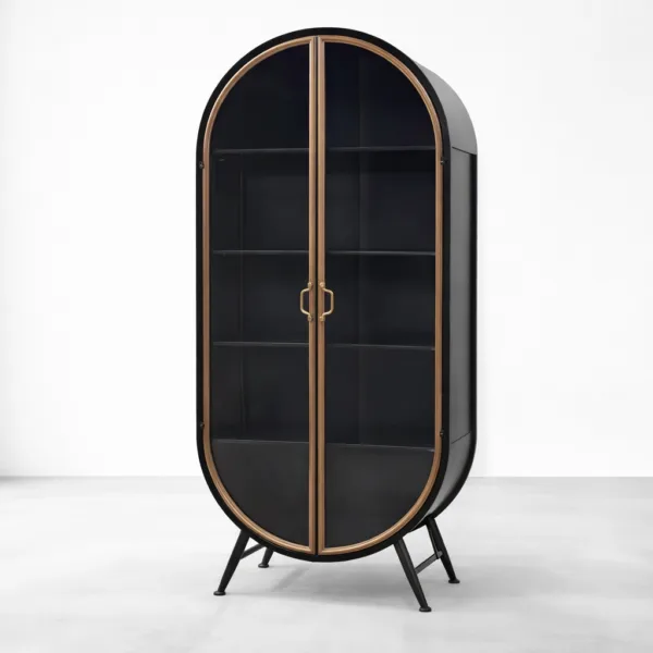 Oval Black Wood Glass Showcase Cabinet