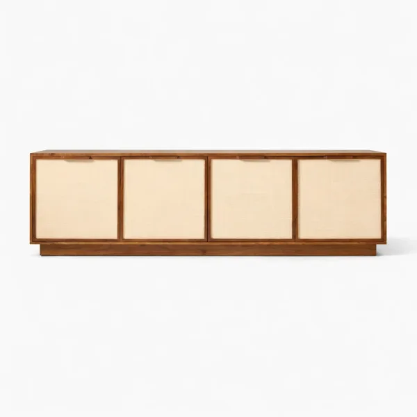 Angled view of the Woven Cane teak wood media console with natural cane front panels