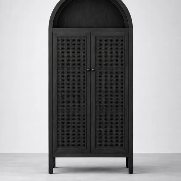 Black Arched Cane Wood Storage Cabinet