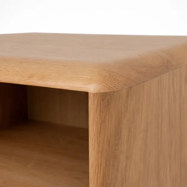 close up of rounded corner detail on ashwood bedside table