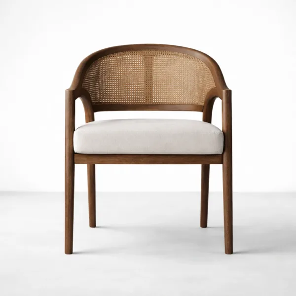 Teakwood cane back arm chair with off white seat cushion and walnut polish