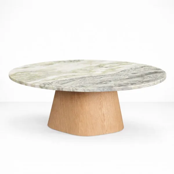 INTERIORZE Marvella marble top ashwood centre table with round stone top and sculpted ashwood pedestal base