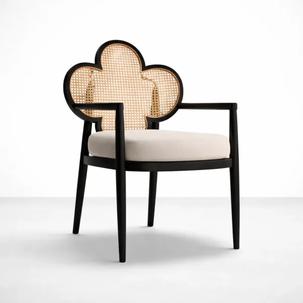 Teakwood cane back arm chair with clover shaped backrest, beige seat and black polish