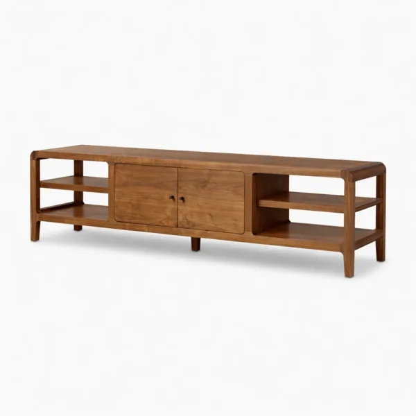 Open Frame teak wood media console by INTERIORZE with open side shelves and center cabinet