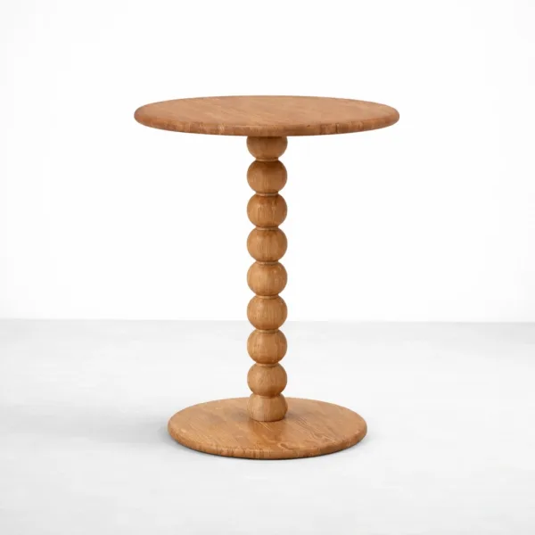 Handcrafted round teakwood side table with bead pedestal by INTERIORZE