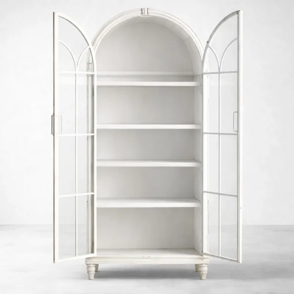 Distressed White Arched Glass Showcase Cabinet