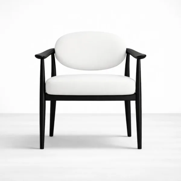Front view of black teakwood arm chair with white upholstery