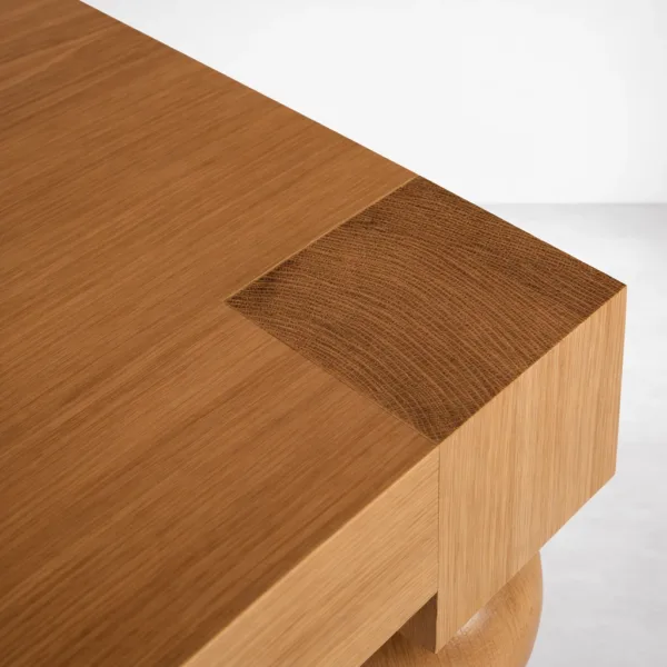 Quad Sphere ash wood side table by INTERIORZE with square top, block legs, and sculptural sphere details