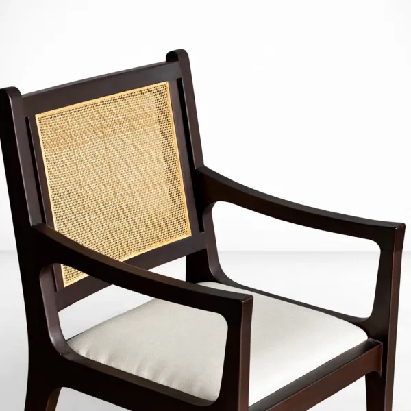 INTERIORZE Aureli teakwood cane back arm chair with ivory upholstered seat and dark wood finish
