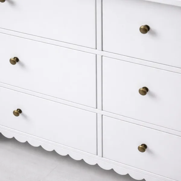 INTERIORZE white teak wood chest of drawers with six drawers and brass knobs