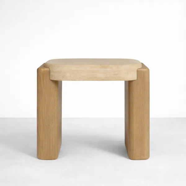 Stone Bridge ash wood side table by INTERIORZE with light stone top and sculptural dual-panel base