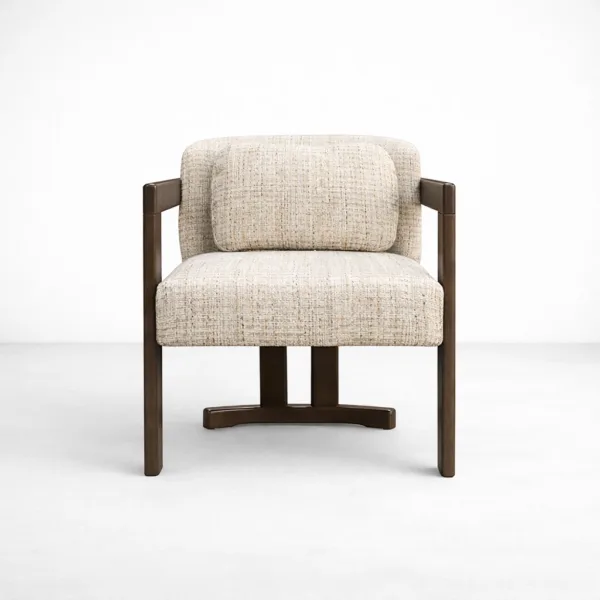INTERIORZE Elara teakwood upholstered arm chair with beige textured fabric and dark walnut wooden frame