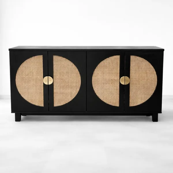 INTERIORZE Eclipse Cane Teak Wood Sideboard in black finish with natural cane doors